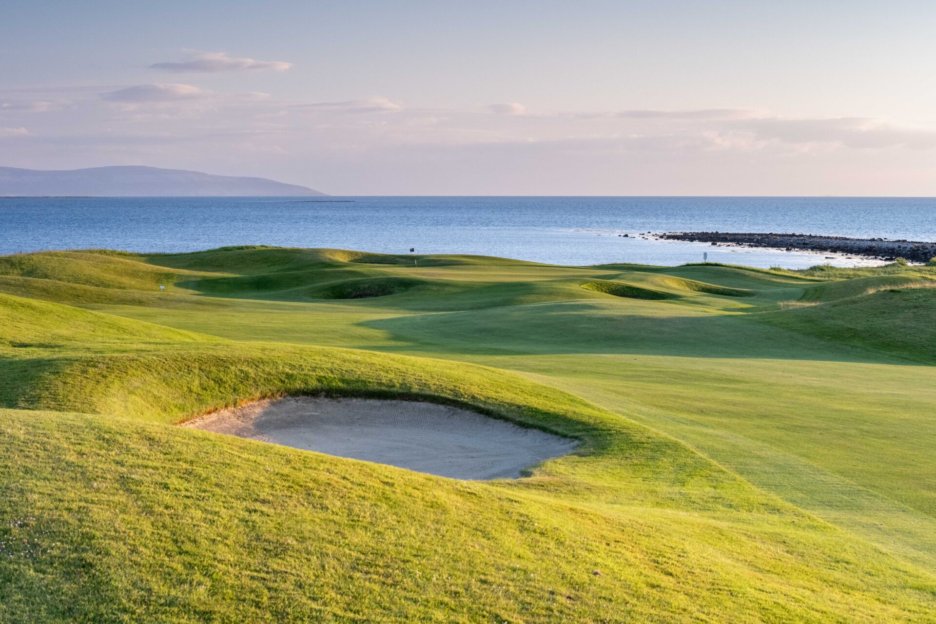 Fairway and bunker on the Christy O'Connor Jr. course at The Hawthorn by Galway Bay, Oranmore, with views across Galway Bay, coastal golf Ireland