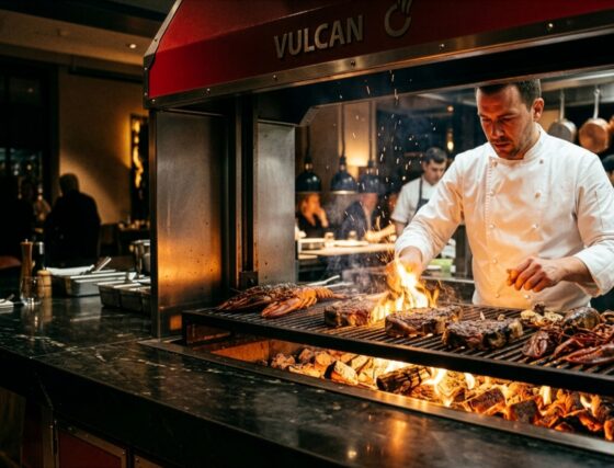 Chef grilling lobster and steaks over open flames on a Vulcan charcoal grill at The Skylark restaurant, The Hawthorn by Galway Bay, with a busy fine dining kitchen in the background