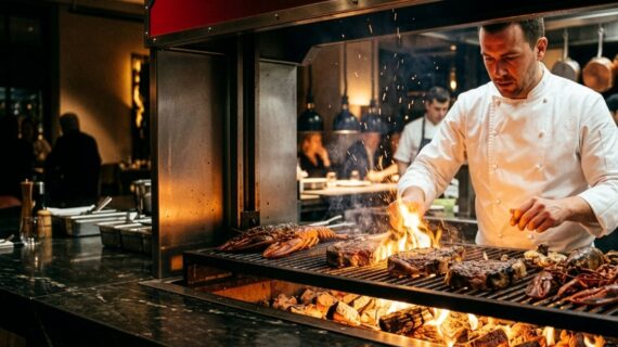Chef grilling lobster and steaks over open flames on a Vulcan charcoal grill at The Skylark restaurant, The Hawthorn by Galway Bay, with a busy fine dining kitchen in the background