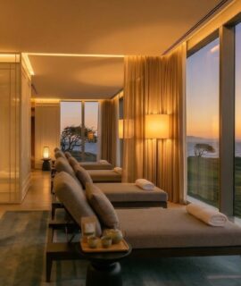 Five-star spa relaxation suite at The Hawthorn by Galway Bay Hotel, Oranmore — luxury wellness retreat in Galway, Ireland, with sunset ocean views and golf course outlook